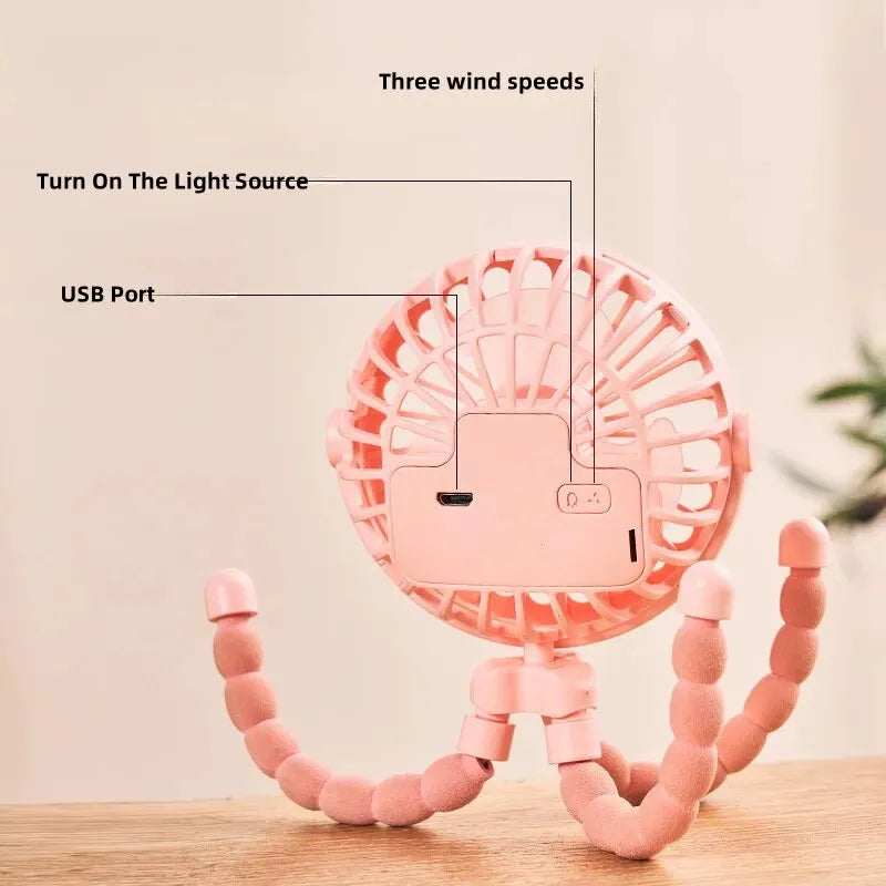 Octopus Mini Fan - USB Rechargeable, Portable & Multi-Functional for Baby Strollers & Students